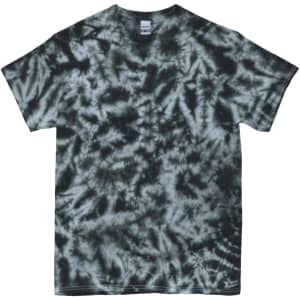 A Crinkle Tie Dye T-Shirt in shades of black and grey, featuring a swirling tie dye pattern and a label in the neckline.