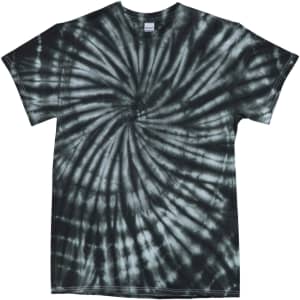 A tie-dye t-shirt featuring a spiral design in shades of black and grey. The shirt has a standard short sleeve cut.