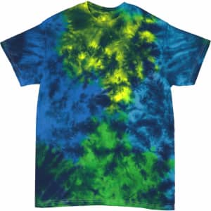 A crinkle tie dye t-shirt featuring a vibrant blend of blue and green colours, with a logo present.