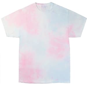 A cloud tie dye T-shirt featuring pastel shades of pink and blue, with a loose-fitting short sleeve design.