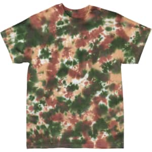 A tie dye t-shirt featuring a mix of green, brown, and cream colours in a crinkle design. It has a logo on it.