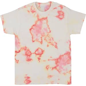 An infusion tie dye t-shirt featuring a white base with pink and orange patterns. It has a logo.