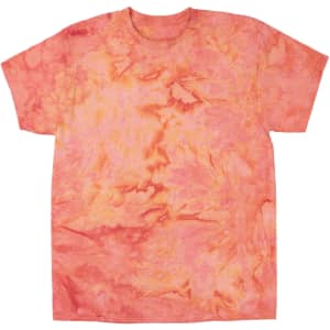 A pink and orange tie dye t-shirt with a vibrant pattern and short sleeves. It features a logo.