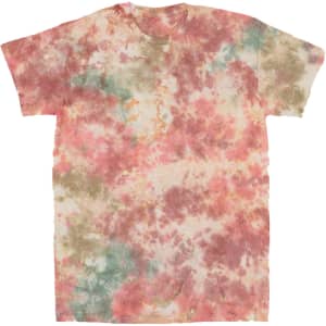 A tie-dye T-shirt in shades of pink, brown, and green, featuring a casual short-sleeve design and a logo.