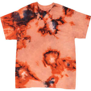 An orange and black tie-dye T-shirt with a vibrant pattern and a loose fit. The shirt features a logo.
