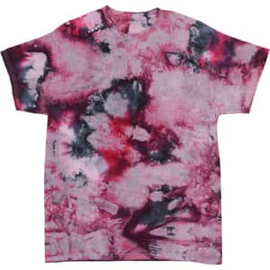 A pink and black tie-dye T-shirt with a vibrant, swirling pattern and a loose fit. It has a logo on it.