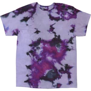A tie-dye T-shirt featuring shades of purple, black, and white with an abstract pattern. It has a logo present.