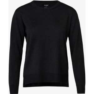 A black knitted jumper featuring a crew neck and long sleeves, with a branding logo on the label.