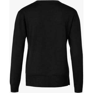 A black knitted jumper with long sleeves and a rounded neckline, featuring a simple design and a branded logo.