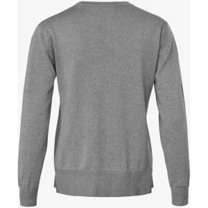 A grey knitted jumper with long sleeves and a crew neck, featuring a plain design on the back.