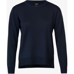 A navy blue knitted jumper with a crew neckline and long sleeves. It features a subtle logo on the tag.
