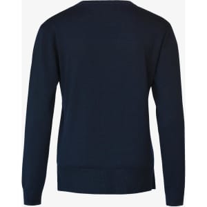A navy knitted jumper with a simple design, featuring long sleeves and a rounded neckline, including a logo.