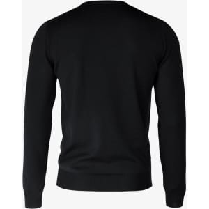 A black knitted jumper featuring long sleeves and a round neck. The back view highlights a simple, classic design.