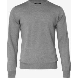 A grey knitted jumper with long sleeves and a round neckline. It features a subtle branding logo.