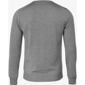 A grey knitted jumper with long sleeves and a crew neck, featuring a logo on the back.