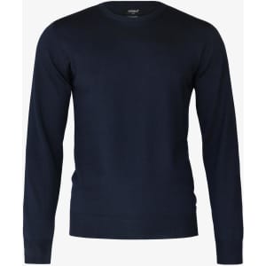 A navy blue knitted jumper featuring long sleeves and a crew neckline, with a branding label on the inside.