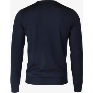 A navy knitted jumper featuring a round neckline and long sleeves, displayed from the back with a plain design.
