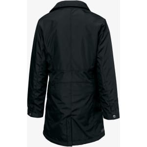 A black women's jacket featuring a collar and long sleeves. The back view shows a fitted design and a logo.