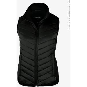 A black women's vest featuring a quilted design, high collar, and a zip front. It includes a logo on the fabric.