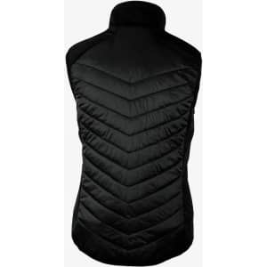 A black women's vest featuring a chevron quilted design and a high collar, with a logo on the fabric.