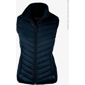 A navy blue women's vest with a zip front and quilted design, featuring a logo on the side.