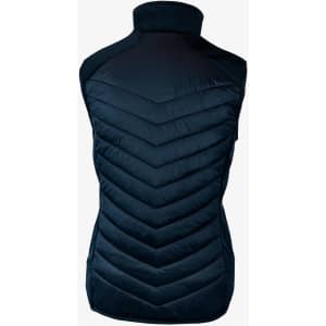 A dark navy women's vest featuring a chevron quilted pattern and a high collar. It has branding on the back.