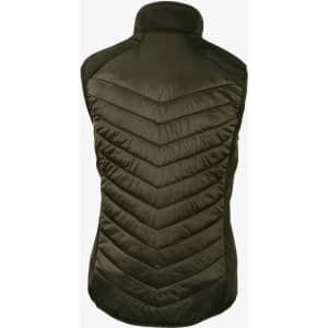 A dark olive green vest featuring a quilted chevron design and a high collar. It has a logo on the chest.
