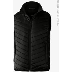 A black quilted vest with a hood, made from recycled nylon and softshell fabric, featuring a front zip.