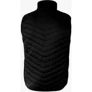 A black vest with a quilted chevron pattern, featuring a high collar and no sleeves.