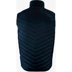 A dark navy vest with a chevron quilted pattern, featuring a high collar and no sleeves. It has a logo on the back.