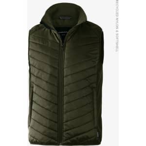 A green vest with a quilted design and a hood, featuring a zip closure and a logo.