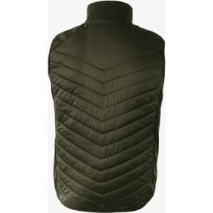 An olive green vest with a chevron quilted pattern and a high collar, featuring a logo.