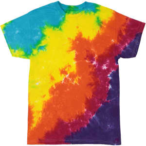 A vibrant crinkle tie-dye t-shirt featuring shades of turquoise, yellow, orange, and purple with a logo.