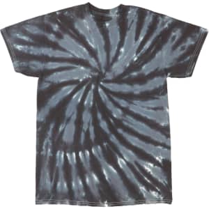 A tone on tone tie dye t-shirt featuring swirling shades of grey and black. It has a round neckline and short sleeves.