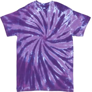 A purple tie-dye t-shirt with a spiral pattern, featuring various shades of purple and white. It has a logo.