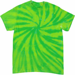 A green tie dye t-shirt featuring a spiral pattern with varying shades of green. The shirt has a logo on it.
