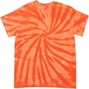 An orange tie-dye T-shirt featuring a spiral pattern, with a logo on the shirt.