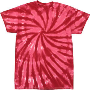 A red tie dye t-shirt with a spiral pattern, featuring a logo on the garment.