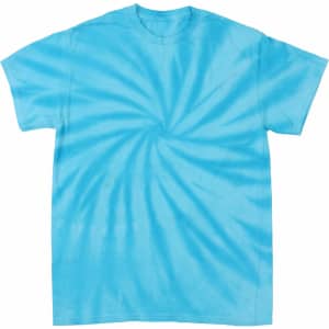 A blue tie-dye T-shirt featuring a spiral pattern and a subtle logo.