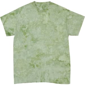 A green tie-dye t-shirt with a marbled pattern and a loose fit, featuring a branding logo.