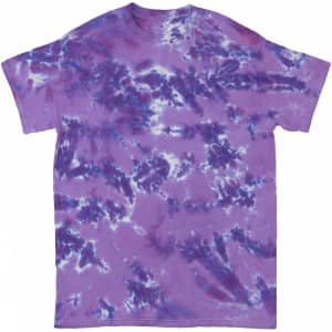 A crinkle tie dye t-shirt in shades of purple and white, featuring a casual, relaxed fit. Includes a logo.