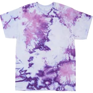 A tie-dye T-shirt featuring a blend of pink and purple hues on a white background, with a relaxed fit and short sleeves.