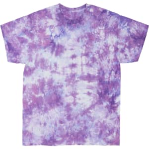 A tie-dye t-shirt in shades of purple and white, featuring a loose, short-sleeved design and a logo.