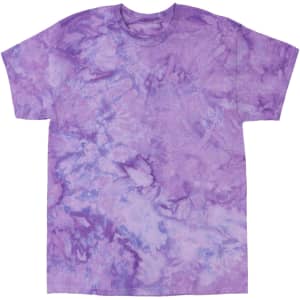 A purple tie dye T-shirt features a marbled design with various shades of purple. It includes a logo on the front.