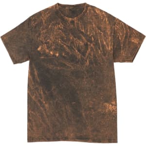 A mineral wash tie dye t-shirt featuring a dark brown and lighter brown pattern, with a round neckline and short sleeves.