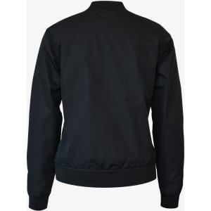 A black puffer jacket featuring a simple design and a fitted waistband, with a visible logo on the back.