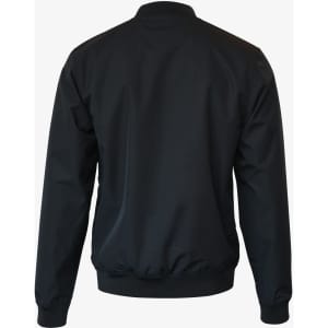 A black men's jacket with a zip-up front and ribbed cuffs, featuring a logo on the back.