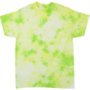 A tie-dye T-shirt featuring vibrant yellow and green hues with a swirling pattern. It has a casual, relaxed fit.