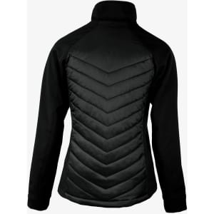 A women's soft shell jacket in black, featuring a chevron quilted design on the back and a collar.