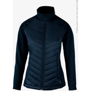 A navy blue soft shell jacket with a zip front and a fitted design, featuring a logo.
